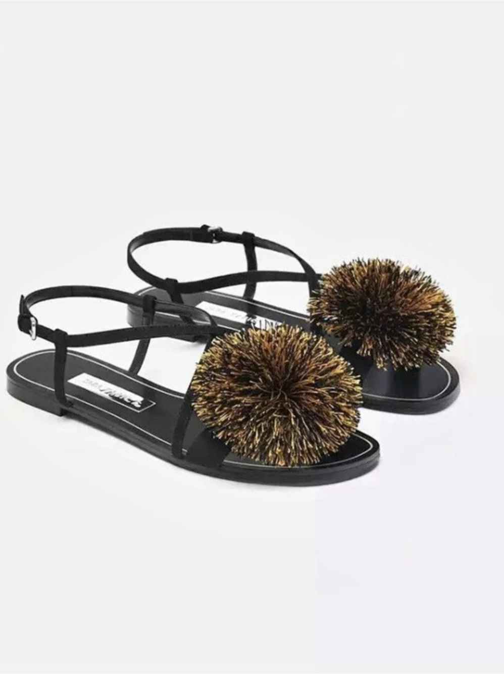 ZARA Pom-Pom Flat Sandals in Black & Gold